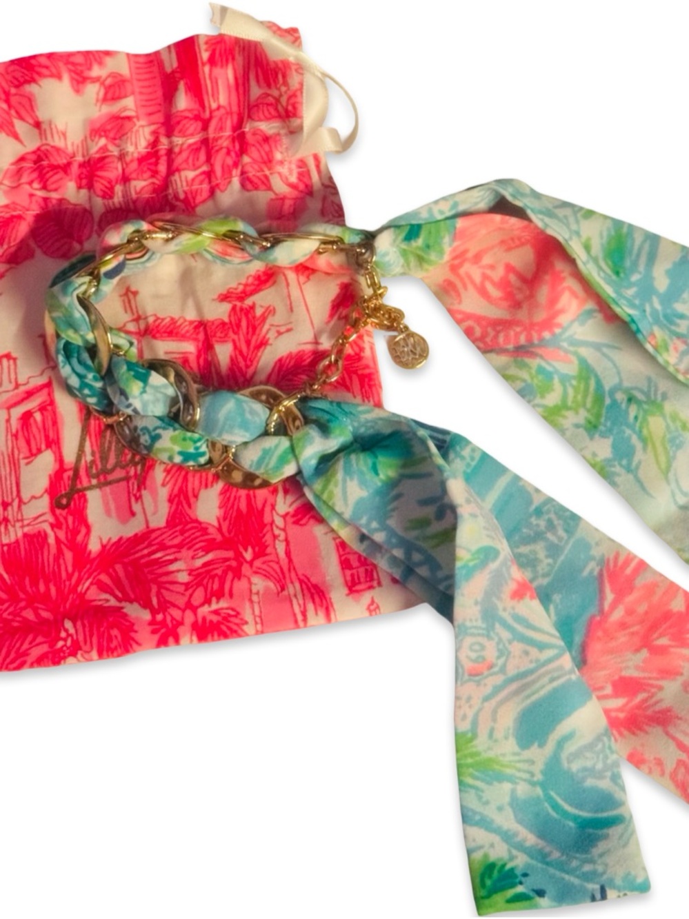Lilly Pulitzer Gold Chain Scarf Bracelet in Aqua Pink Green Floral